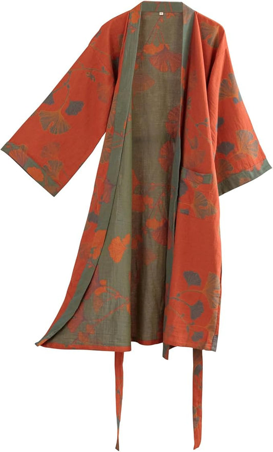 100% Cotton Gauze Ginkgo Leaf Kimono Robe, Long Knit Loose Bathrobe Nightgown Ladies Loungewear Sleepwear for Women