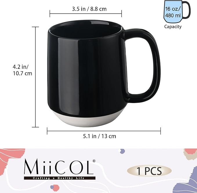 Miicol Ceramic Coffee Mug, 16 oz Large Coffee Cup, Tea Mug with Handle, Flat Bottom Mug for Men, Women, Office, Microwave and Dishwasher Safe, Multi-Color, Panda Black