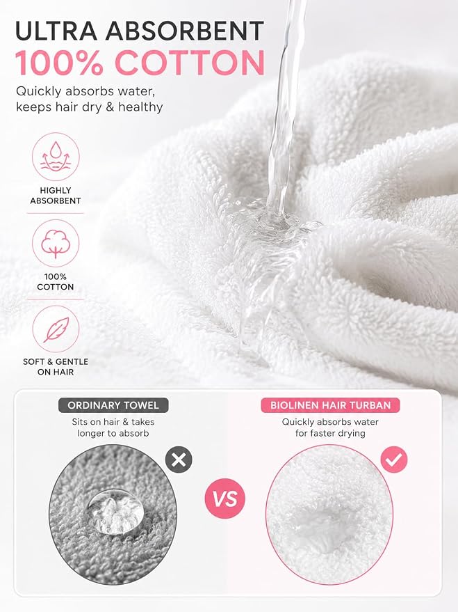 BIOLINEN Cotton Hair Towel Wrap for Women 3 Pack, Super Absorbent Quick Dry Hair Turban, Anti Frizz Drying Towel for Curly Long Hair, White 10x25
