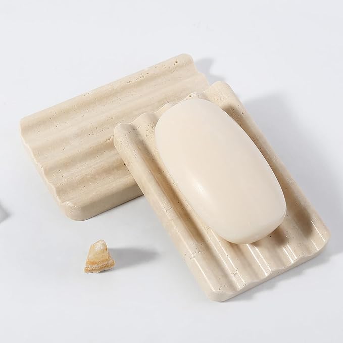 Koville 2PCS Travertine Soap Dishes for Shower, Marble Soap Dish Bar Soap Holder for Sink, Stone Soap Tray for Bathroom, Stripe Grooves Saver Keep Bars Dry Easy Clean