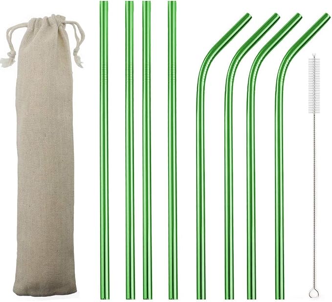 JASHII 2 Set Reusable Portable Metal Straws Stainless Steel Eco-friendly Drinking Straw with Travel Cloth Bag (4 Bent 4 Straight 2 Brush),Green