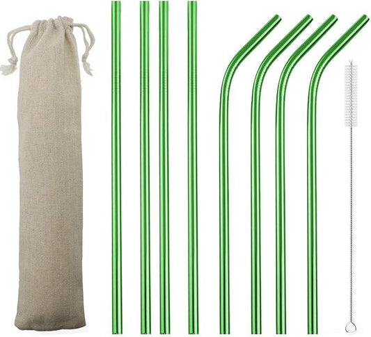 JASHII 2 Set Reusable Portable Metal Straws Stainless Steel Eco-friendly Drinking Straw with Travel Cloth Bag (4 Bent 4 Straight 2 Brush),Green