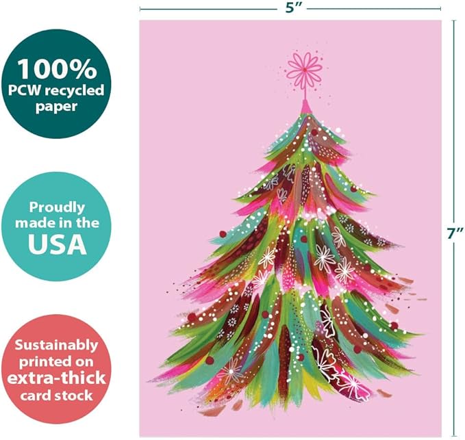 Tree-Free Greetings - Season's Greeting Card - Artful Designs - 1 Card + Matching Envelopes - Made in USA - 100% Recycled Paper - 5 x 7 - Pink Tree (VO80704)