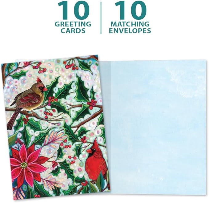 Tree-Free Greetings - Season's Greeting Cards - Artful Designs - 10 Cards + Matching Envelopes - Made in USA - 100% Recycled Paper - 5 x 7 - Holiday Cardinal (HB54444)
