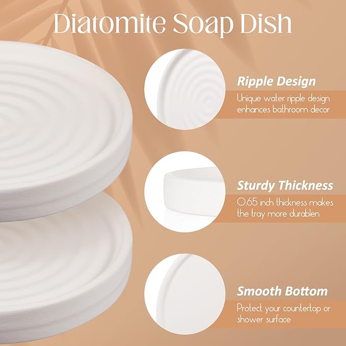 Thenshop 2 Pcs Diatomite Round Soap Dish Stones Holder, Quick Dry Circular Soap Bar Tray Diatomaceous Absorbent Water Bathroom for Hand, Sponge Organizer, Beige White