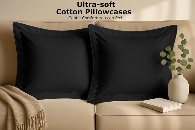 2 Pack Euro Pillow Shams 26x26 – 600 Thread Count 100% Organic Cotton Black Square Pillow Covers with 2 Inch Flange, Soft & Smooth Premium Hotel-Quality Pillowcases Set of 2