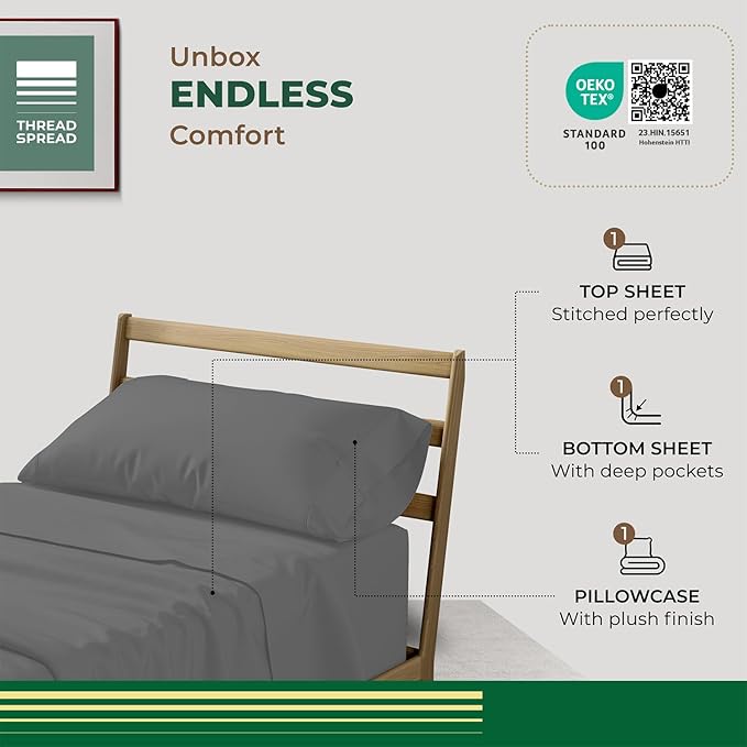 THREAD SPREAD 100% Organic Cotton Sheets Twin Size - 3 PC Organic Cotton Twin Size Percale Weave Sheet Set, Soft, Cooling, Crisp & Breathable, 16" Deep Pocket Hotel Quality Bedding - Dark Grey