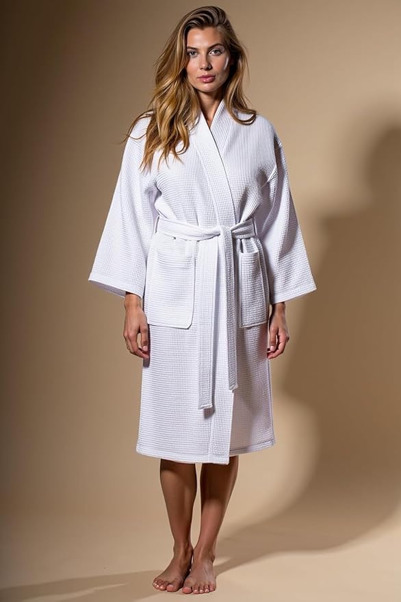 Turquaz Lightweight Waffle Knit Kimono Bathrobe - Soft Cotton Blend Spa Robe, Fast-Drying Full-Length Unisex Robes for Women