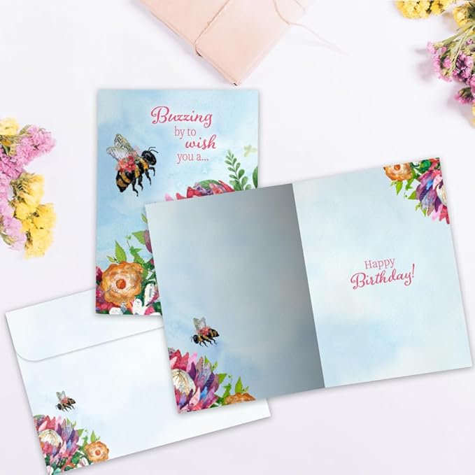 Tree-Free Greetings Sweet Bee Birthday Card - 1 Recycled 5x7 Card & Matching Envelope, Thick Cardstock, Made in USA - Colorful Flowery Pollination