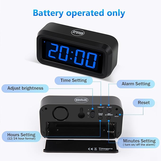 Digital Alarm Clock Battery Operated with LED Display for Bedrooms, Long Battery Life, 3 Brightness Adjustable, 12/24 Hour, Snooze, Black Case with Blue Digits