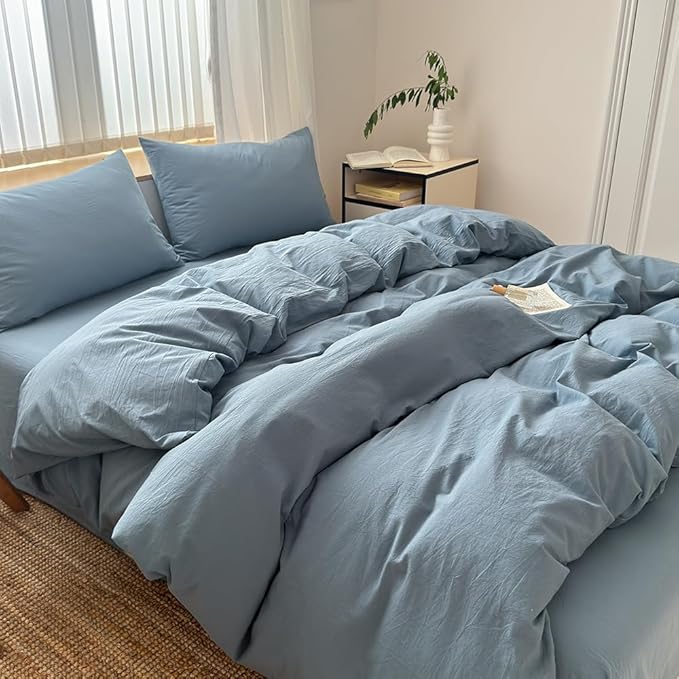 FACE TWO FACE Bedding Duvet Cover Set100% Washed Cotton Duvet Cover Linen Like Textured Breathable Durable Soft Comfy (King, Deep Gray Blue)