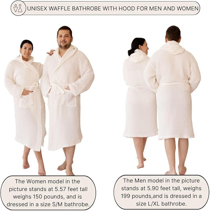 Unisex Hooded Waffle Robe for Women & Men 100% Turkish Cotton | Quick-Dry Bathrobe | Cozy Housecoat for Lounging