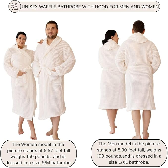 Unisex Hooded Waffle Robe for Women & Men 100% Turkish Cotton | Quick-Dry Bathrobe | Cozy Housecoat for Lounging