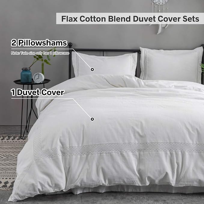 BISELINA Linen Duvet Cover Set 2pcs French Vintage Crocheted Lace Flax Cotton Blend Solid Color Shabby Chic Boho Luxury Farmhouse Bedding (Twin, Lace White)
