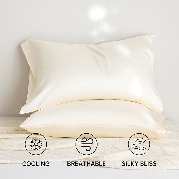 100% Tencel Pillowcase, Hair and Skin Friendly, Soft and Smooth，Cooling Silk Pillowcases for hot Sleepers,Queen Pillowcases Set of 2,Hair and Skin Friendly, Cream White, 20x30In