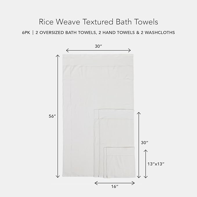 Texere 100% Organic Cotton Rice Weave Jacquard Luxury Bath Towel Sets - Soft and Absorbent Hotel and Spa Quality - 2 Large Bath Towels, 2 Hand Towels, 2 Washcloths (Rice Weave, Cream, 6 Piece)