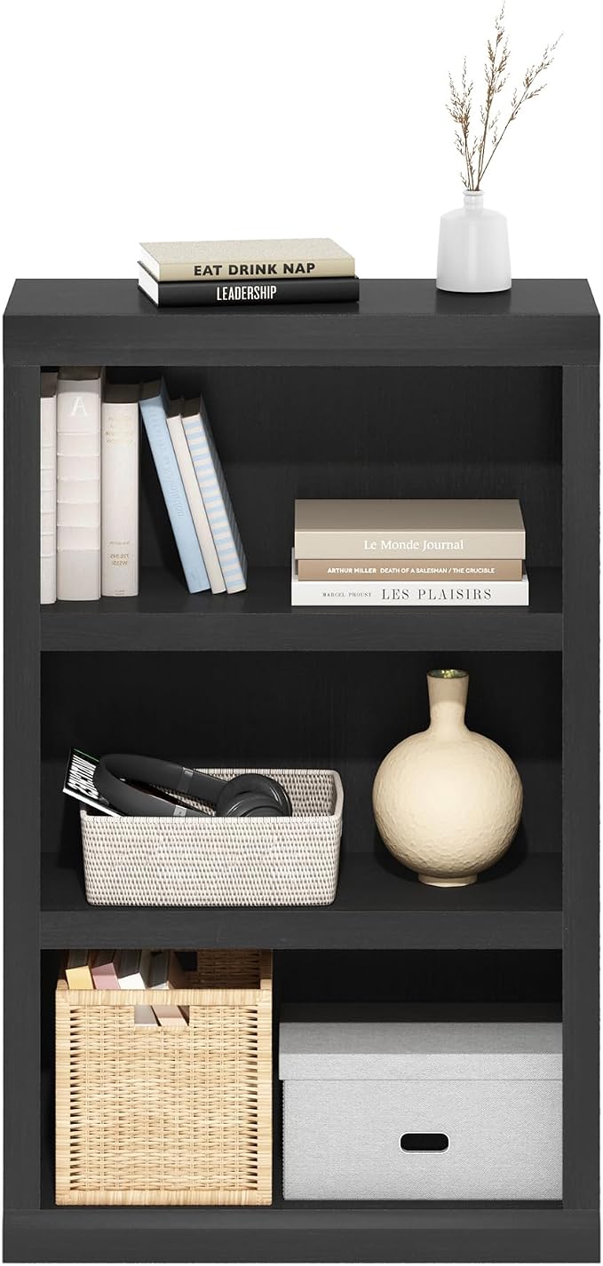 Furinno Rail Book Shelf, 3-Tier Bookshelf with Open Shelf, Bookcase with Classic Style Edges, 10 x 24.6 x 39, for Organization and Storage, for Living Room, Bedroom, Home Office, Blackwood
