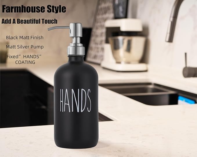 Black Glass Soap Dispenser with Stainless Steel Pump, Farmhouse Style Hand & Dish Soap Dispenser for Bathroom and Kitchen Sink, Soap Dispenser for Kitchen Sink(Black h)