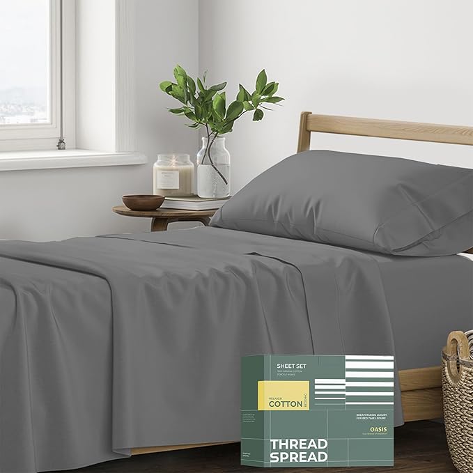 THREAD SPREAD 100% Organic Cotton Sheets Twin Size - 3 PC Organic Cotton Twin Size Percale Weave Sheet Set, Soft, Cooling, Crisp & Breathable, 16" Deep Pocket Hotel Quality Bedding - Dark Grey