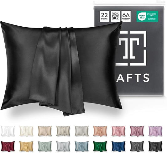 TAFTS 22mm 100% Pure Mulberry 6A Silk Pillowcase for Hair & Skin with Envelope Closure, No Zipper, Cooling, Natural, Organic, Double Sided Pillow Case (Midnight Black, Queen 20"x30" 1pc)