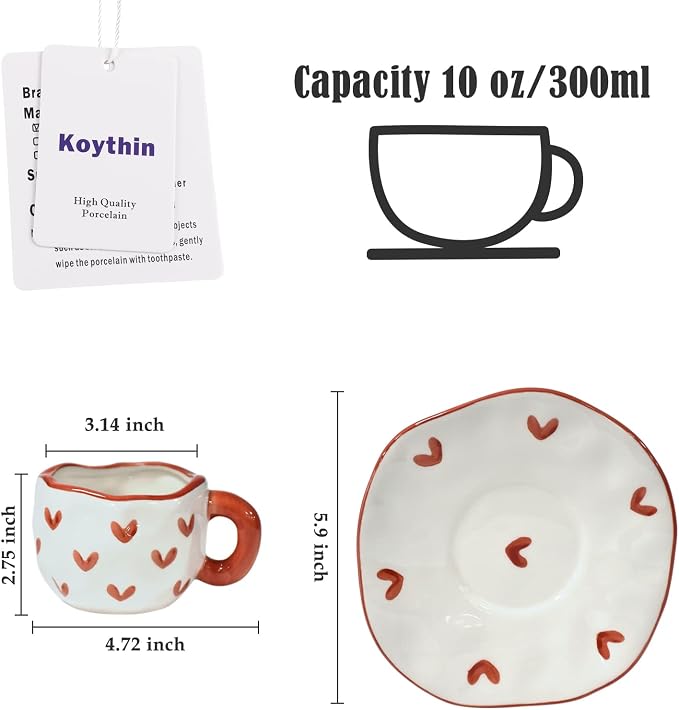 Koythin Ceramic Coffee Mug with Saucer Set, Cute Creative Cup Unique Irregular Design for Office and Home, Dishwasher and Microwave Safe, 10 oz/300 ml for Latte Tea Milk (Red Heart)