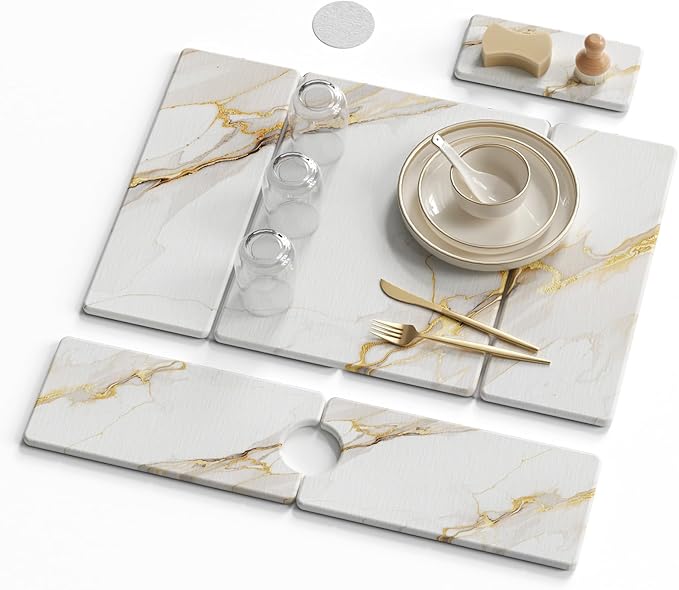 3 PCS Large Stone Dish Drying Mat for Kitchen Counter -24"x16" Absorbent Diatomaceous Earth Mat with Stone Faucet Mat & Soap Tray - Quick Dry, Collapsible, Non-Slip Countertop Organizer