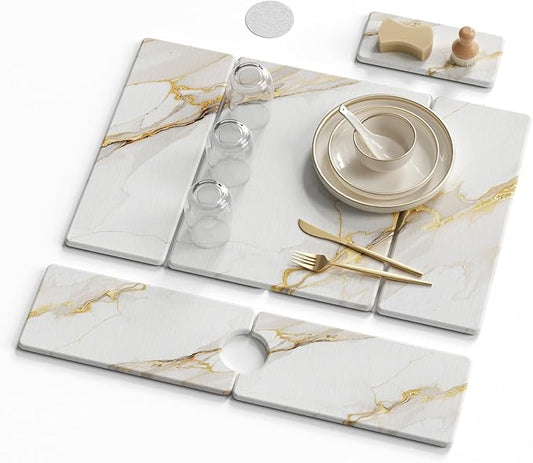 3 PCS Large Stone Dish Drying Mat for Kitchen Counter -24"x16" Absorbent Diatomaceous Earth Mat with Stone Faucet Mat & Soap Tray - Quick Dry, Collapsible, Non-Slip Countertop Organizer