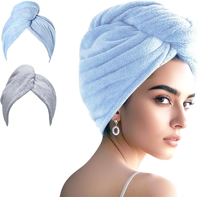 Microfiber Hair Drying Towel Wrap for Women, Hair Turbans Towel for Wet Hair,turbie Twist Hair Towels(The Color of the Picture is for Reference only) (Blue,Gray)