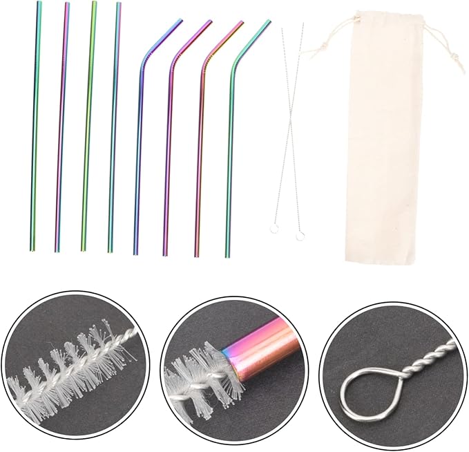 Luxshiny 304 Stainless Steel Straws Set 11-Piece Reusable Drinking Straws with Cleaning Brush and Storage Bag for Smoothies Juices and Beverages