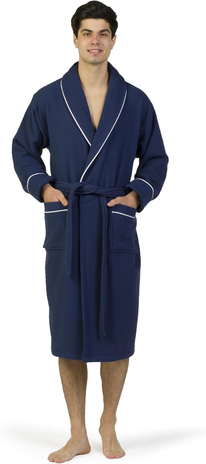 Luxury Turkish Cotton Bathrobe for Women & Men, Waffle Terry Shawl Collar Spa Robe with Satin Trim & Pockets