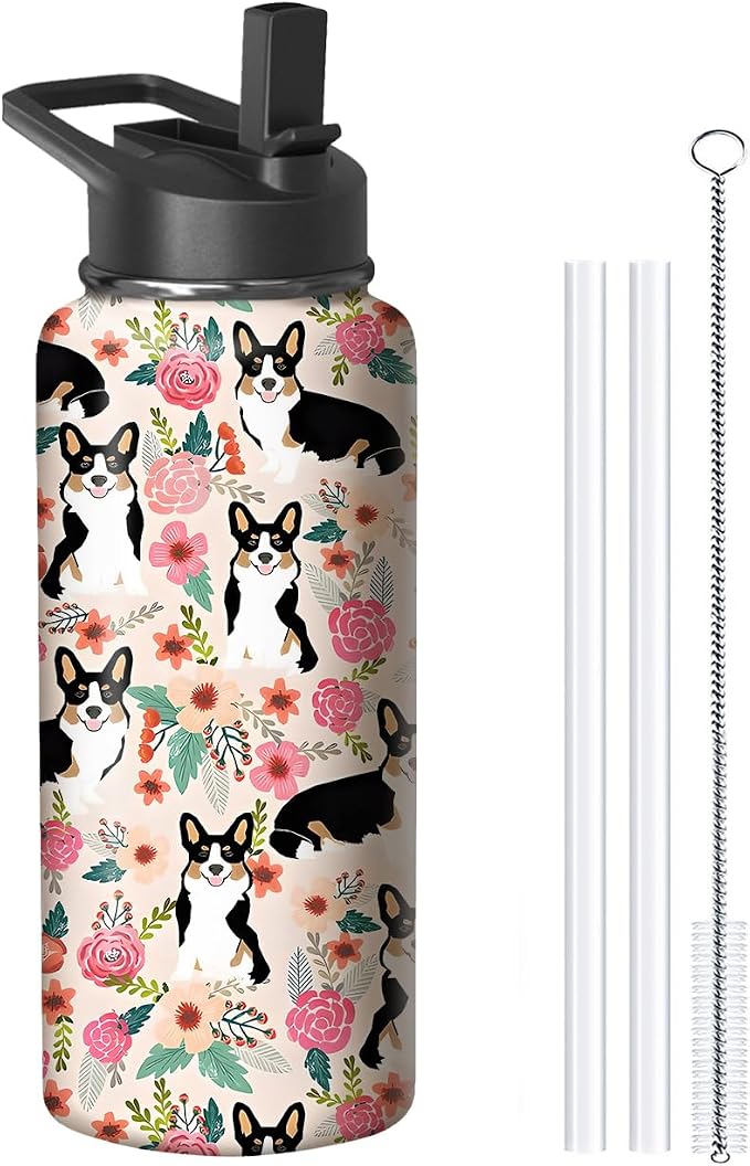 32oz Corgi Water Bottle with Handle and Flip Straw, Dog Animal Sports Stainless Steel Insulated Cup Travel Coffee Mug Tumbler, Birthday Mothers Day Chritmas Gifts for Women
