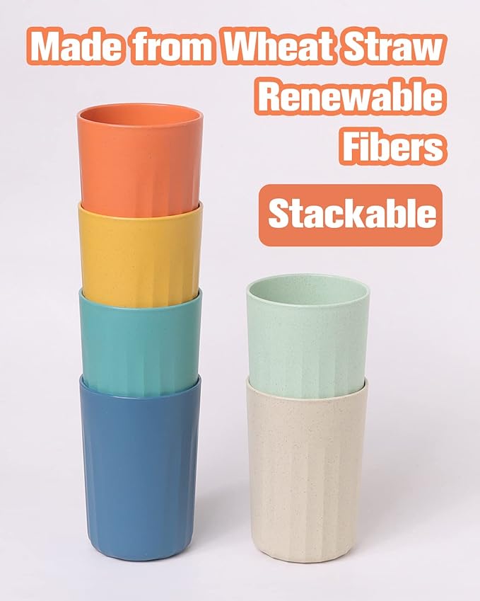 Wheat Straw Cups,10 OZ Plastic Cups Reusable Unbreakable Tumblers,Lightweight Camping Drinking Glasses for Adult,Dishwasher Safe Water Glasses with 6 Colors