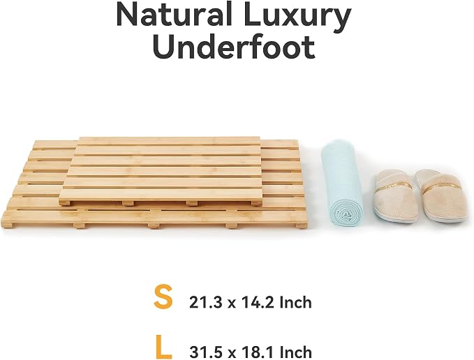 Bamboo Bath Mat, Non-Slip Waterproof Shower Mat with Rubber Feet Luxury Spa-Grade Wooden Floor Mat for Bathroom, Bathtub, Sauna, Indoor & Outdoor Use