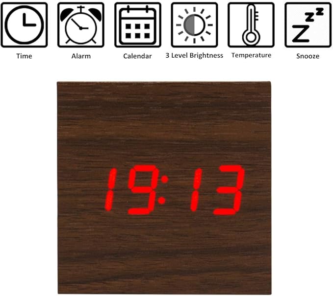 Wooden Alarm Clock - Mini Cube LED Digital Clock with Time/Date/Temperature Display, 3 Levels Brightness and Voice Control Great for Home Office Travel - AC10Brown_Red