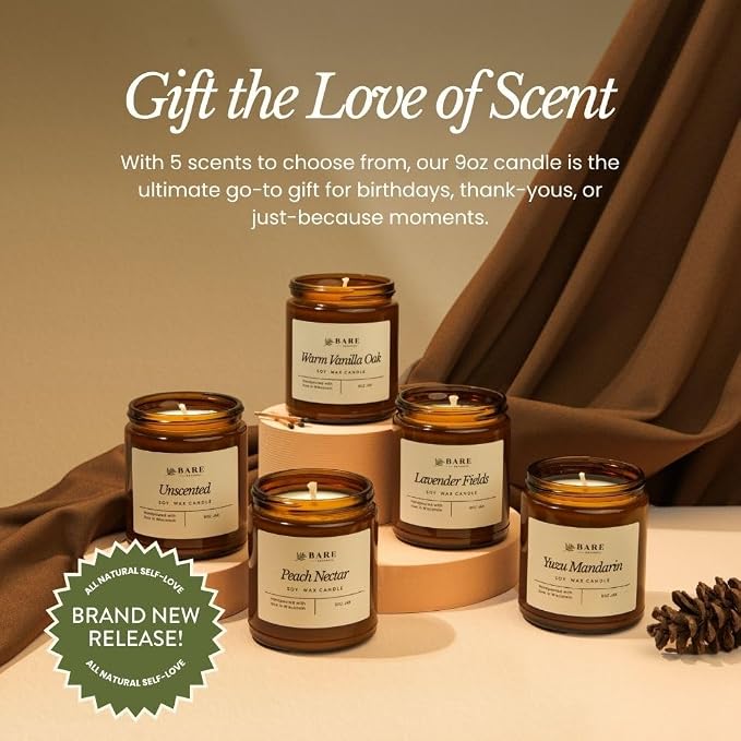 Bare Botanics 9oz Non Toxic Soy Candle Yuzu Mandarin - 40+ Hour Burn | 100% Plant-Based Fragrance Oils | Handpoured in Wisconsin | Clean-Burning Soy Wax