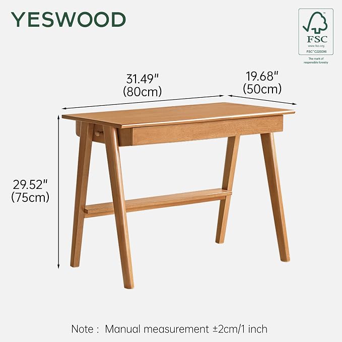 YESWOOD 100% Solid Rubber Wood Desk, Mid Century Modern Writing Computer Desk in Walnut Finish with Drawer for Home Office, Sturdy Room, Bedroom 31.49" W Natural Wood