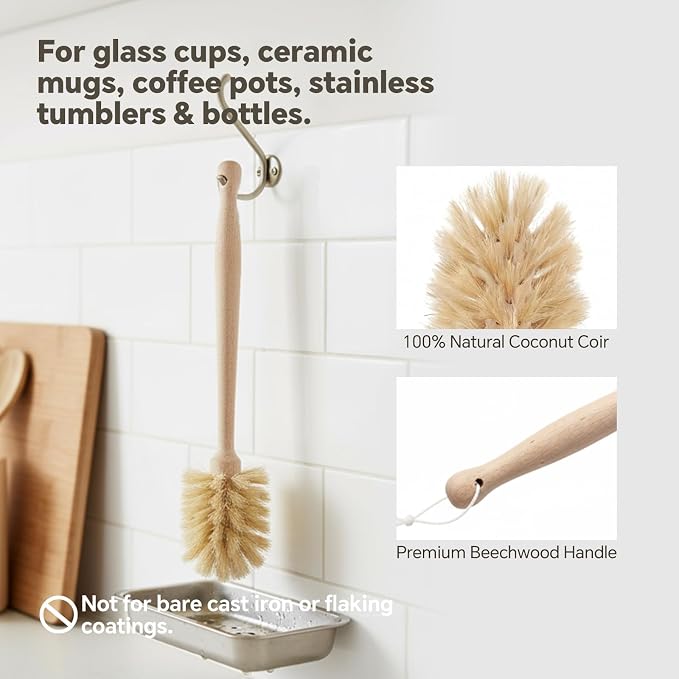 Wooden Dish Brush - Round Kitchen Scrub Brush for Pots, Pans & Cast Iron Skillets - Heavy Duty Vegetable Scrubber & Sink Cleaner (Natural Beech)