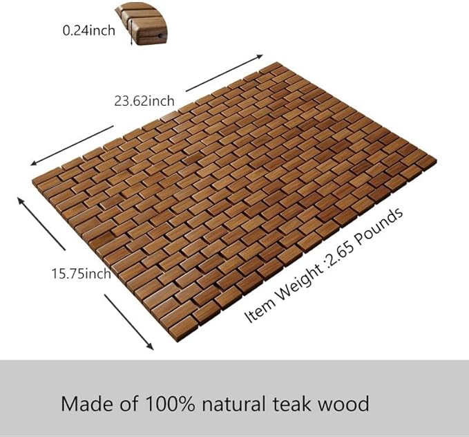 23.62"x 15.75" Teak Wood Bath Mat, Foldable Non-Slip Shower Mat for Bathroom, Quick-Dry Floor Mat for Bathtub, Spa, Sauna, Outdoor
