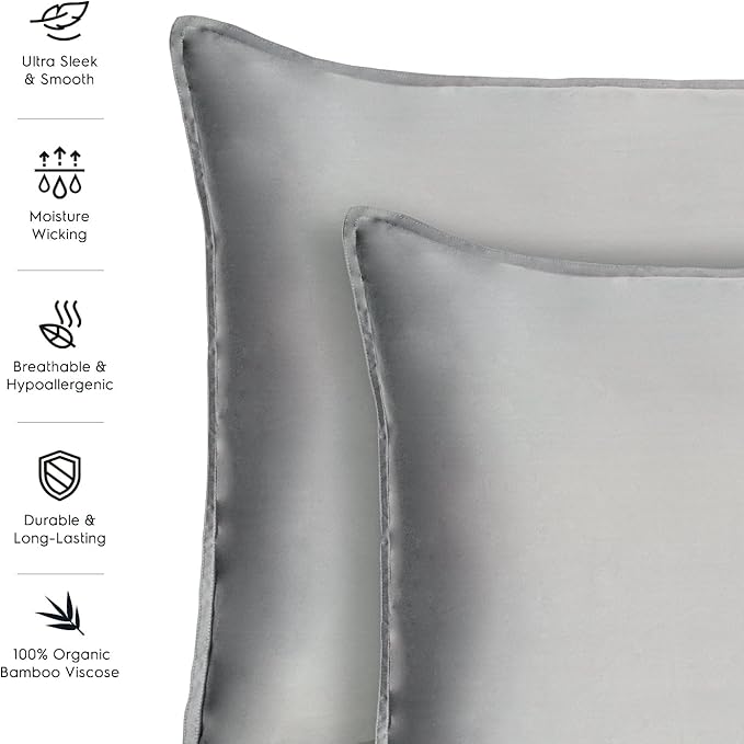 Tafts Pillow Cases King Size - Pure 100% Viscose Derived from Bamboo Luxuriously Soft, Silky, Cooling, Double Stitched, Envelope Closure (2 Pillowcases, Grey)