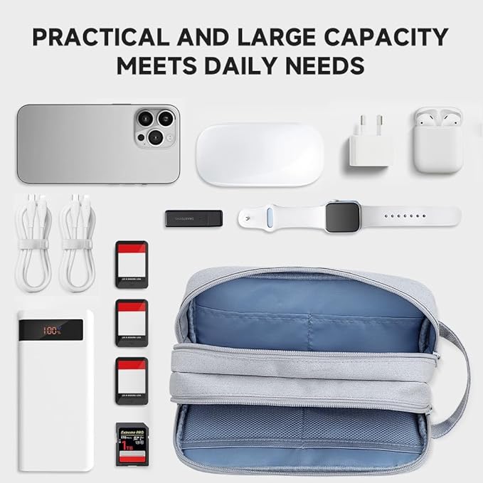 Teskyer Cable Organizer Bag, Travel Electronics Accessories Organiser, Protable Tech Pouch for Phone Chargers, Cables, Flash Drive, Power Bank, Hard Drive, Light Grey, 23.5 x 12 x 9 cm, Double-Layer