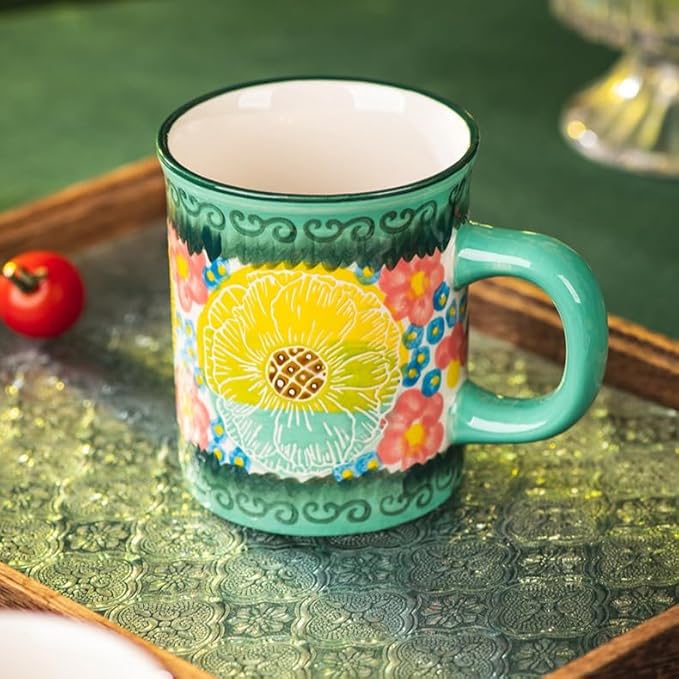 Pottery Coffee Mug,14oz, Hand Painted Ceramic Tea Cups with Unique Design for Hot or Cold Drinks (Green Field)