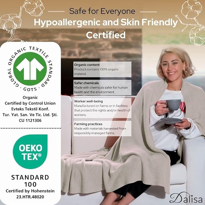Dalisa 100% Organic Turkish Cotton Throw Blanket - GOTS Certified, Cozy - Perfect for Couch, Bed, and Home Decor - Boho Vintage Knit Alina (Stone, 60x80)