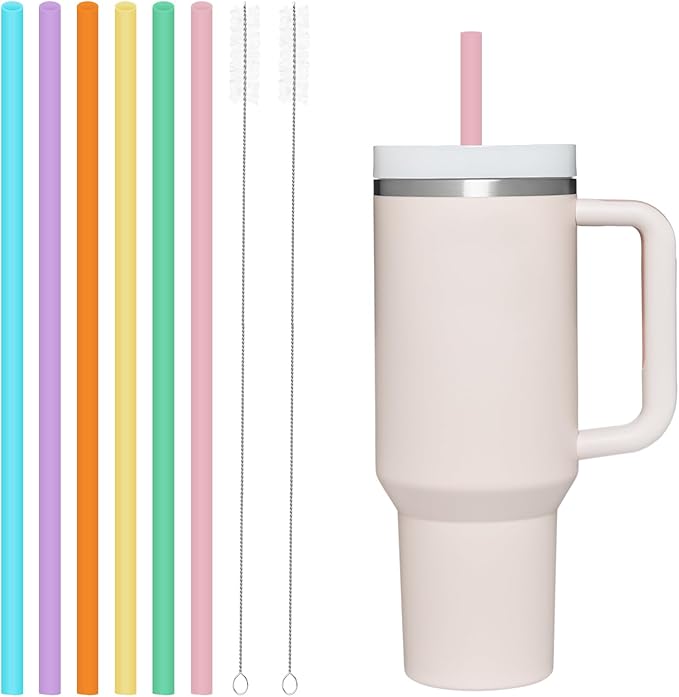 6 Pack Reusable Silicone Straws Compatible with Stanley 40oz 30oz 20oz Tumblers, 12.2" Long x 0.374" Diameter BPA-Free Drinking Straws with 2 Cleaning Brushes, Flexible Cuttable Teeth-Friendly