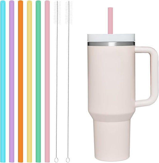 6 Pack Reusable Silicone Straws Compatible with Stanley 40oz 30oz 20oz Tumblers, 12.2" Long x 0.374" Diameter BPA-Free Drinking Straws with 2 Cleaning Brushes, Flexible Cuttable Teeth-Friendly