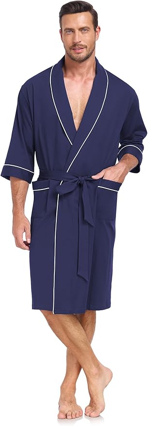 COLORFULLEAF 100% Cotton Men’s Summer Bathrobe Lightweight & Breathable Short Sleeve Kimono Robe with Pockets