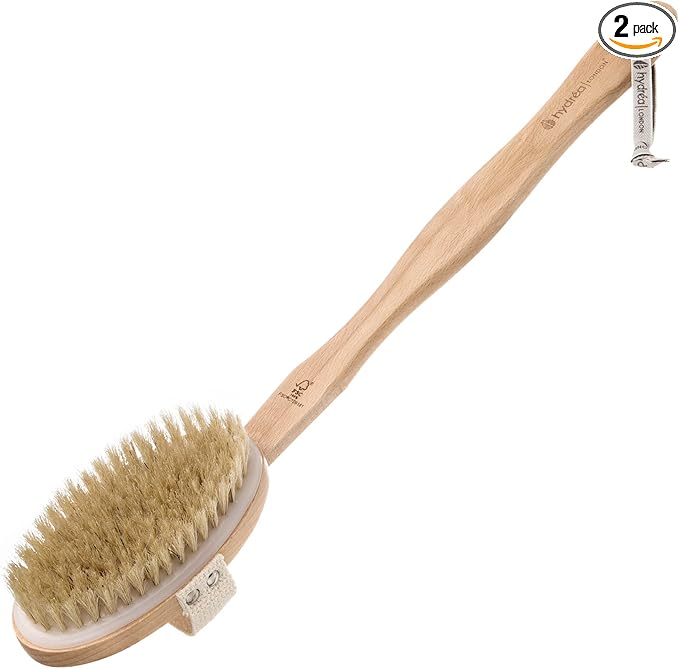 Hydrea London Body Brush Back Scrubber - Shower brush with long handle 100% Natural Bristle, Dry Skin Brush, Exfoliating Cellulite Brush - FSC® Certified Beechwood.