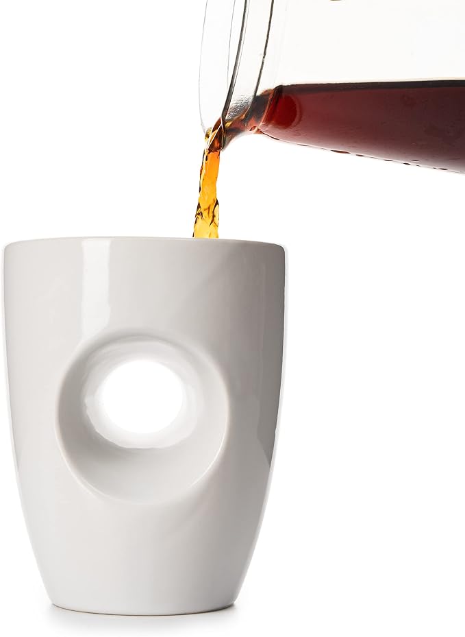 Full Handwarmer Mug 12oz, Central Grip To Comfy Warm Your Hands & Fingers While Drinking Your Favorite Hot Drink, Hand Warmer Cup, Ceramic and Hand Painted - Finger Insert Holds Warmth Gift (White)