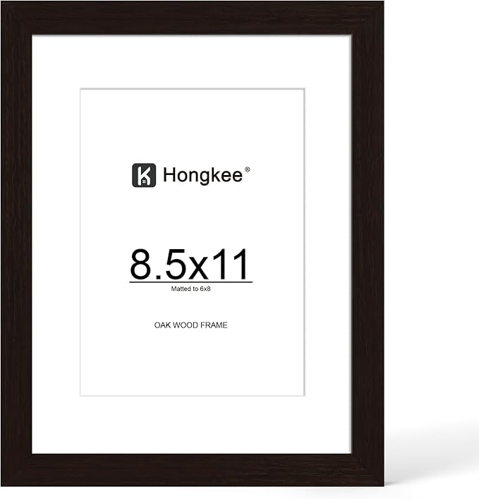 Hongkee 8.5x11 Oak Wood Picture Frame 1 Pack(Matted 6x8), Real Glass Cover | Black, 8.5 x 11 Solid Wood Frame for Wall or Tabletop Display - Includes Easel Back, Vertical Hang - Ideal for Home, Office