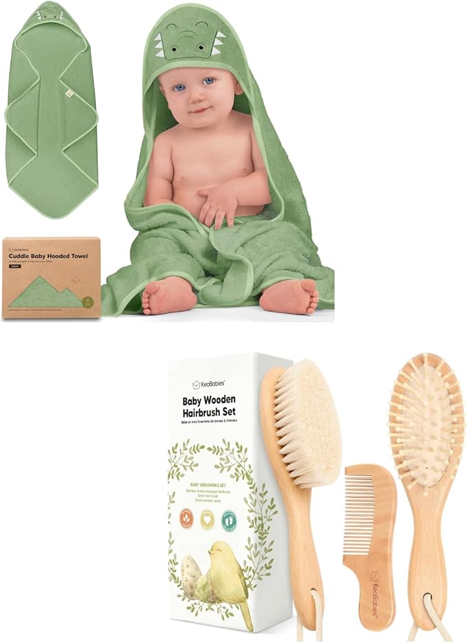 KeaBabies Baby Hooded Towel and Baby Hair Brush and Comb Set - Soft Bath Towels with Hood for Toddlers, Wooden Brush with Soft Goat Bristle for Girls, Boys, Toddlers