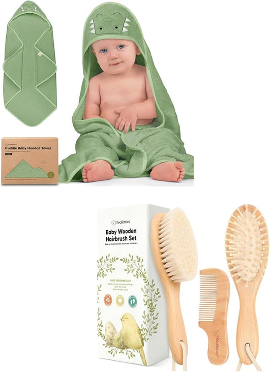 KeaBabies Baby Hooded Towel and Baby Hair Brush and Comb Set - Soft Bath Towels with Hood for Toddlers, Wooden Brush with Soft Goat Bristle for Girls, Boys, Toddlers